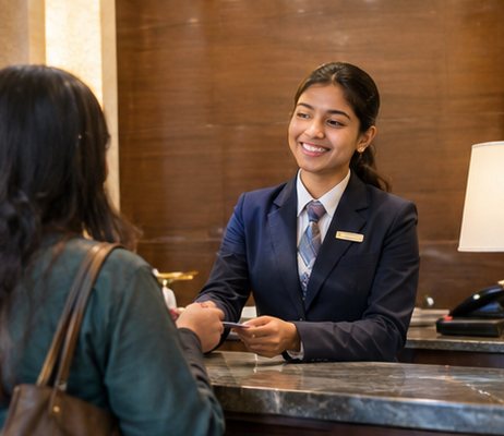 Student at a hotel front desk