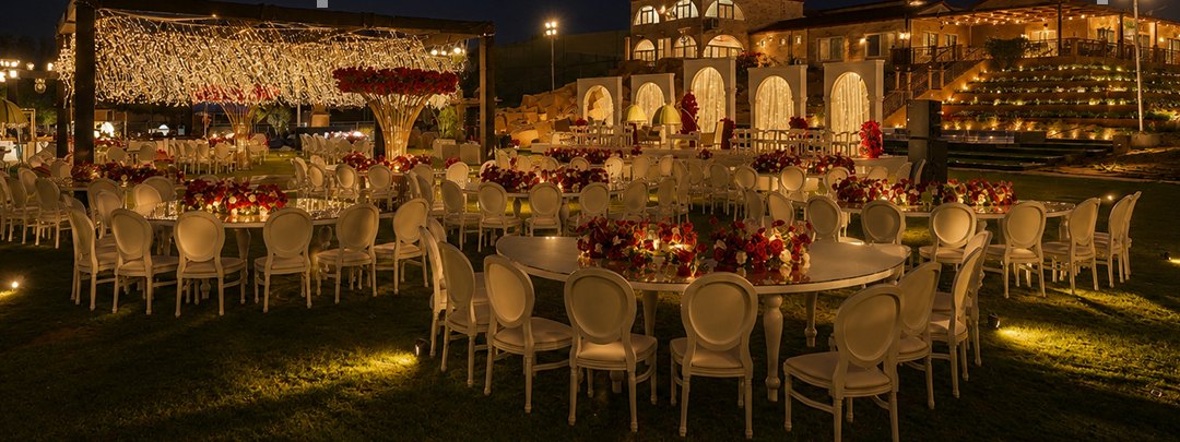 Evening wedding reception set-up